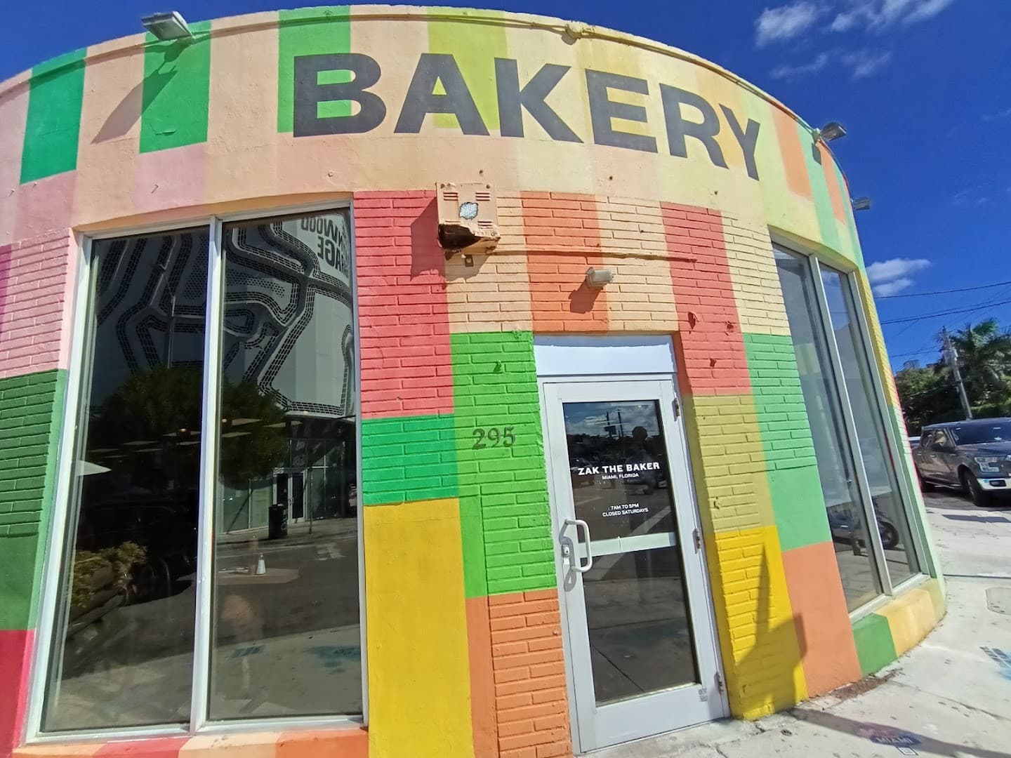 Colorful exterior of Zak the Baker in Miami